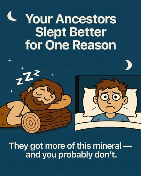 A split-screen illustration comparing a caveman sleeping soundly on a log versus a modern person unable to sleep, emphasizing a mineral deficiency.